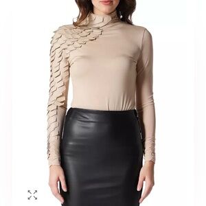Gracia Beige Long Sleeve Scaled Shoulder Top